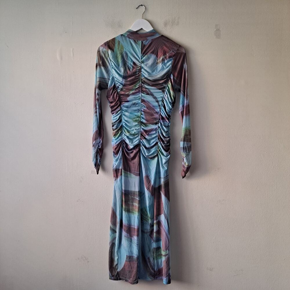 Anthropologie Printed Mesh Dress Long Sleeve Midi Bodycon Blue Brown Size M NWT - Picture 5 of 13